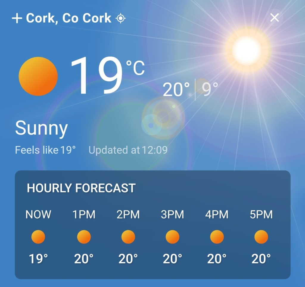A screenshot of the weather forecast showing it will be 19C - 20C today under clear skies.