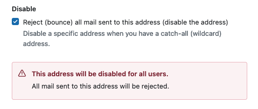 Screenshot from Fastmail showing an email alias is disabled.