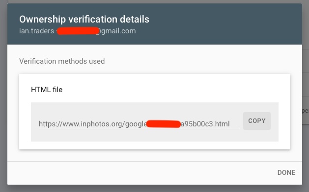 A screenshot from the Google search console showing the ownership verification details of the attacker who created a validated account on www.inphotos.org