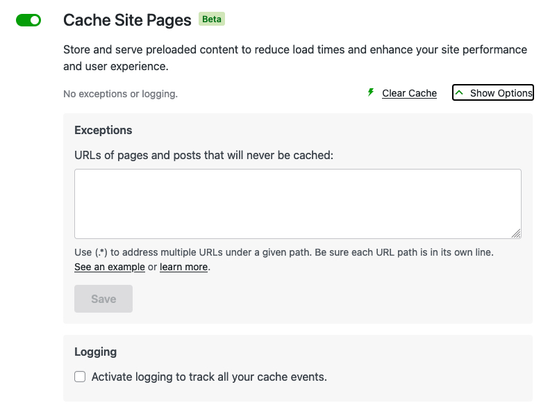 The Cache module enabled with the expanded view showing the exceptions textarea and logging checkbox.